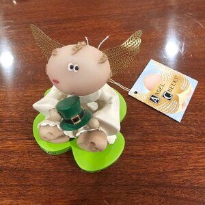 Angel Cheeks "Kiss Me Im Irish" Figurine With Metal Wings & Green Shamrock Base